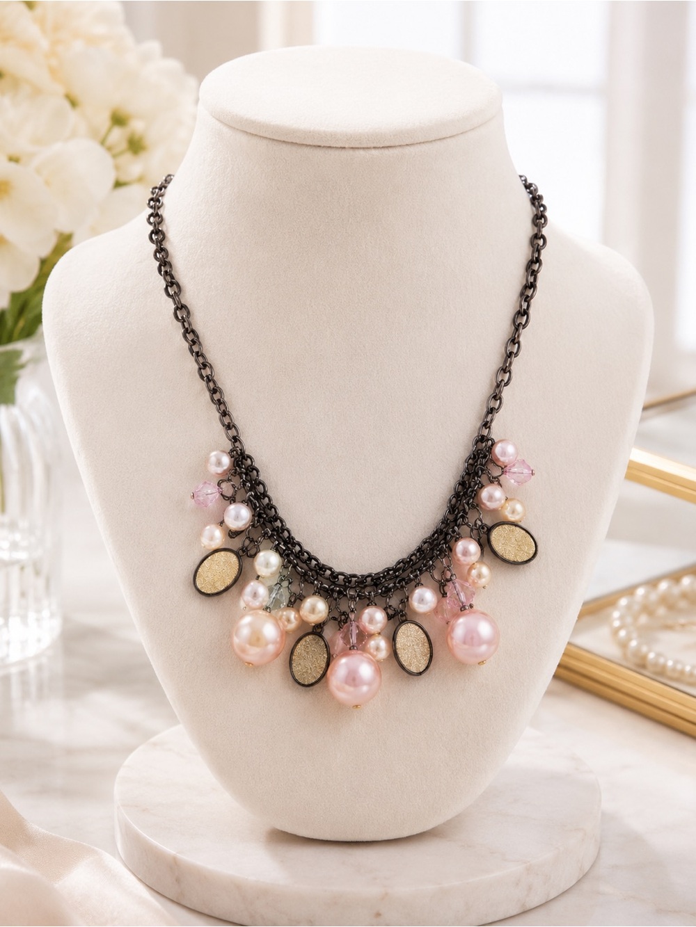 Boutique Pink Faux Pearl Statement Necklace Black Chain Chunky Boho Glam NWT